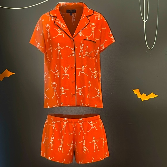 Dancing SKELETON 2pc Pajama Set * size 2XL * Orange White Black SHORTS S/ Sleeve - Picture 1 of 9
